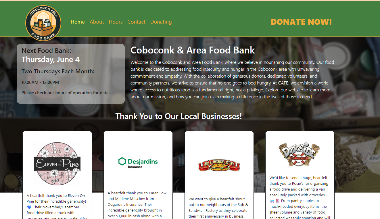 Food bank website screenshot
