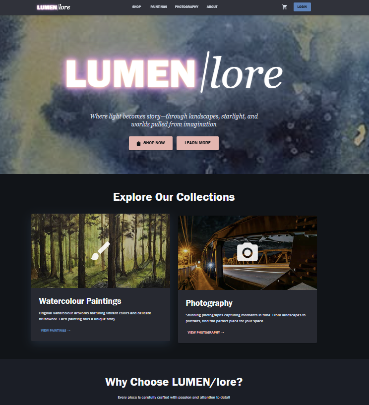 Lumen and Lore e-commerce storefront homepage showing watercolor paintings and photography prints
